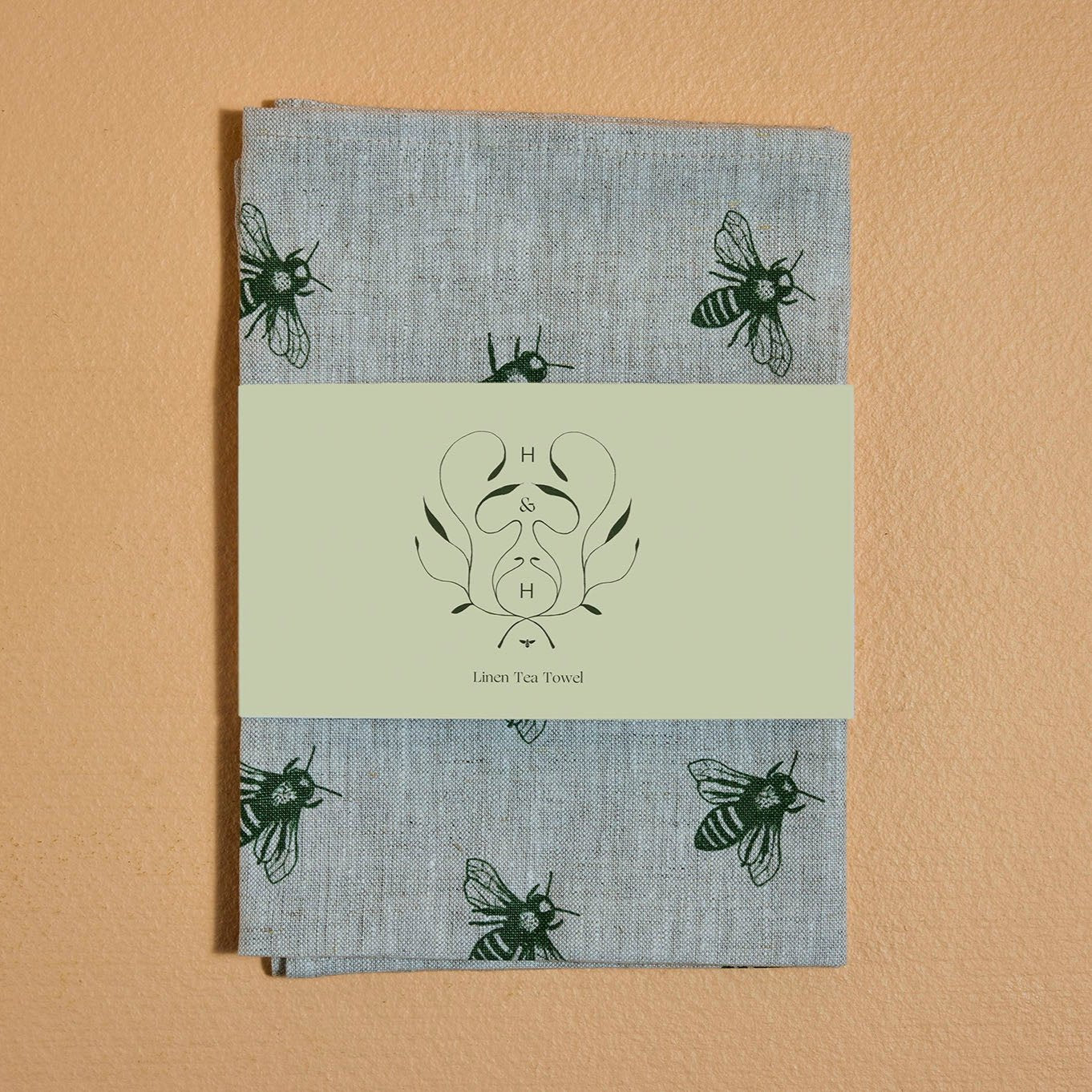 Linen Tea Towel with Green Bees (natural & off white)