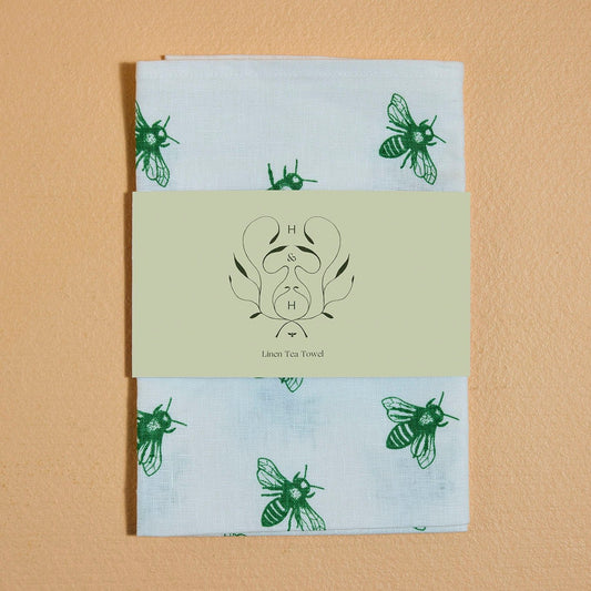 Linen Tea Towel with Green Bees (natural & off white)