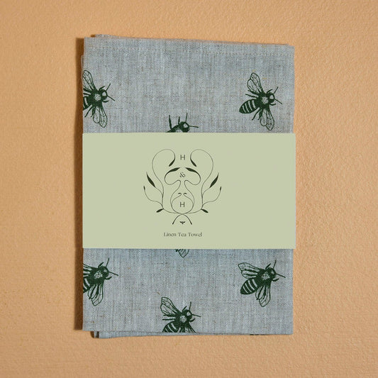 Linen Tea Towel with Green Bees (natural & off white)