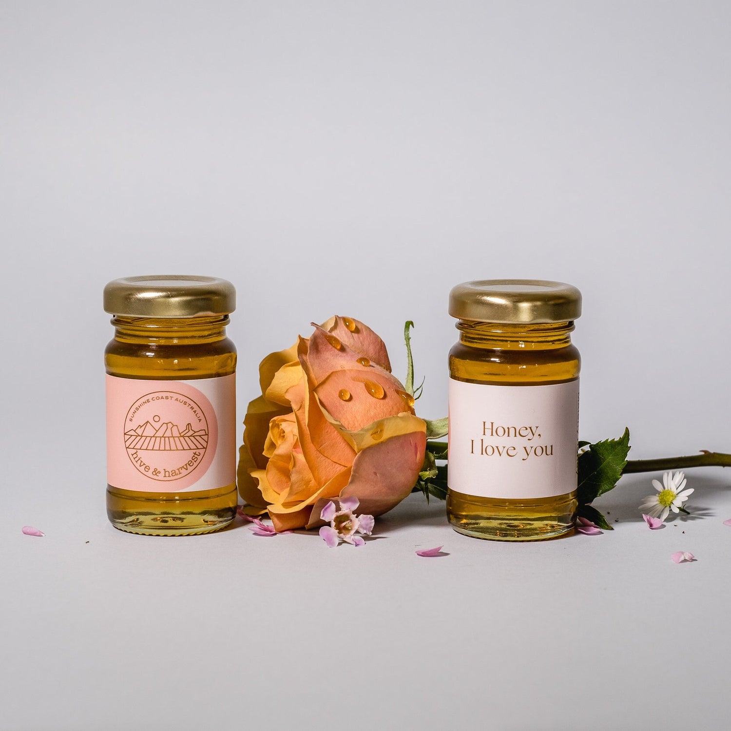 Maleny Honey Petite Wedding Packages. Customised / Bespoke label design. Raw Australian Honey from Hive & Harvest Farm, Sunshine Coast.